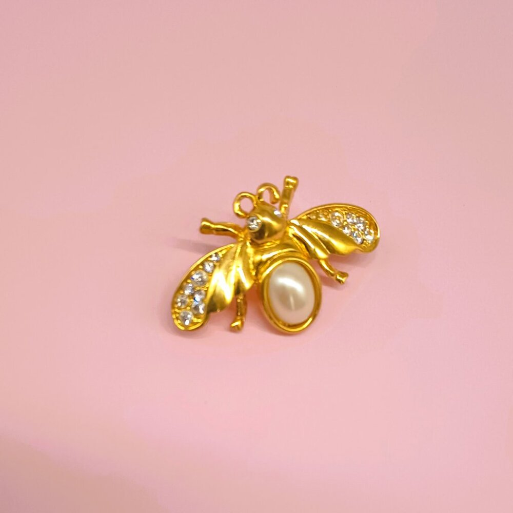 Napier Pearl Winged Insect Brooch Vintage Gold Tone Pave Crystal Bug Pin Jewelry